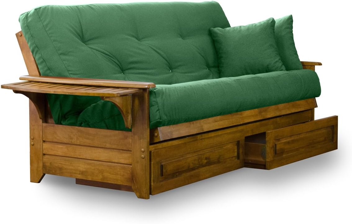 Nirvana Futons Brentwood Tray Arm Futon Frame, Drawers, and Hunter Green Mattress Set - Queen, Rich Heritage Finish