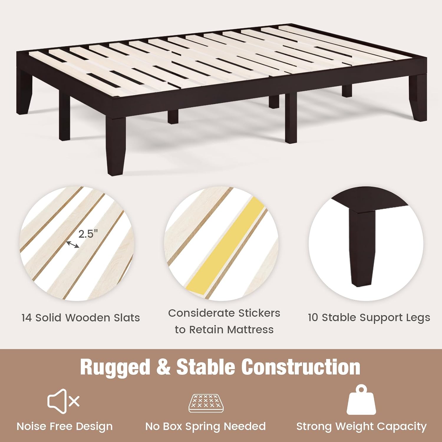Giantex Full Wood Platform Bed Frame, 14 Inch Solid Rubber Wood Mattress Foundation, Heavy Duty Wooden Slats Support, No Box Spring Needed, Easy Assembly, Espresso