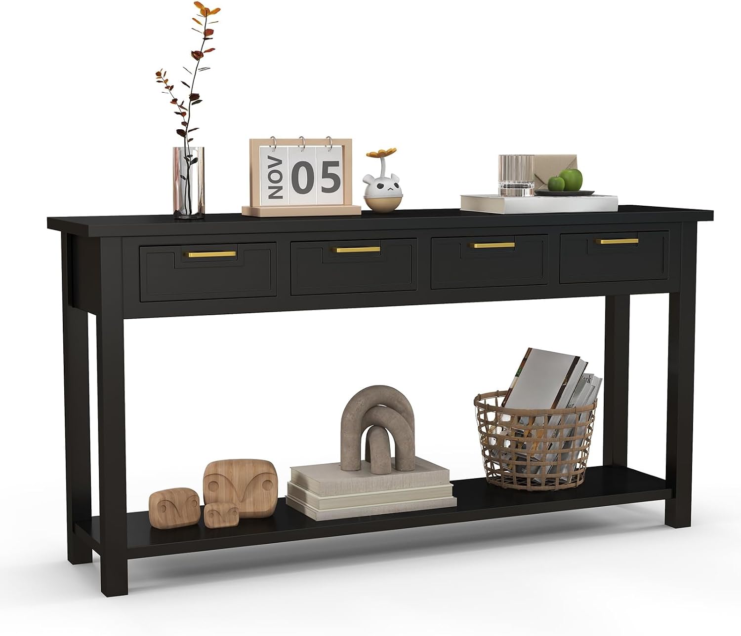 kinbor Black Entryway Table 60 Inch - Long Console Table with 4 Drawers, Narrow Sofa Table with Storage Shelf for Entryway Living Room