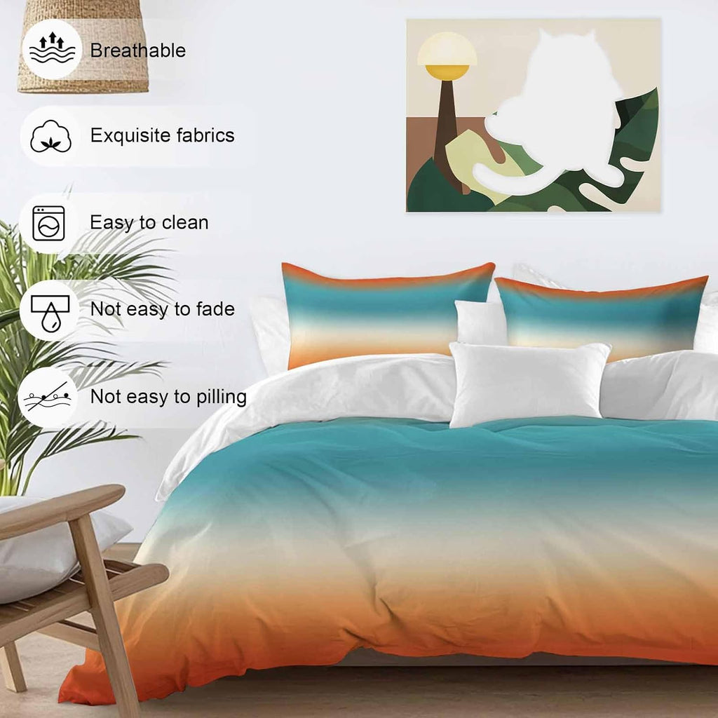 Bohemian Gradient Blue Duvet Cover Set Queen Size 4 Pieces Modern Minimalist Red Orange Ocean Beach Bedding Set with Zipper Closure, 1 Comforter Cover 90x92 Inches 1 Flat Sheet & 2 Pillow Cases