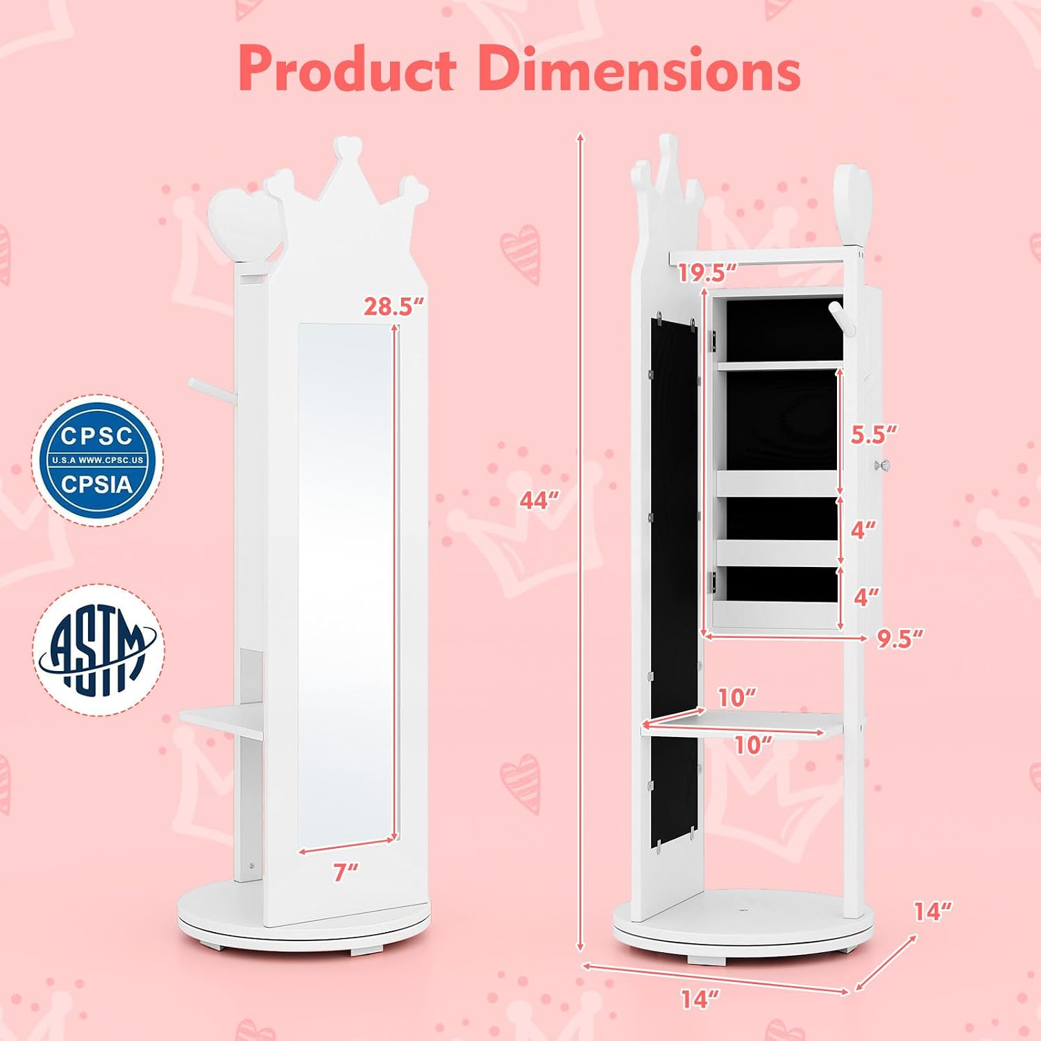 GLACER Kids Vanity with Stool, Rotatable Kids Jewelry Armoire, Kids Vanity Table and Chair Set w/Coat Rack, Storage Shelves, Full-Length Mirror, Solid Wood Legs, Kids Bedroom Furniture (White)
