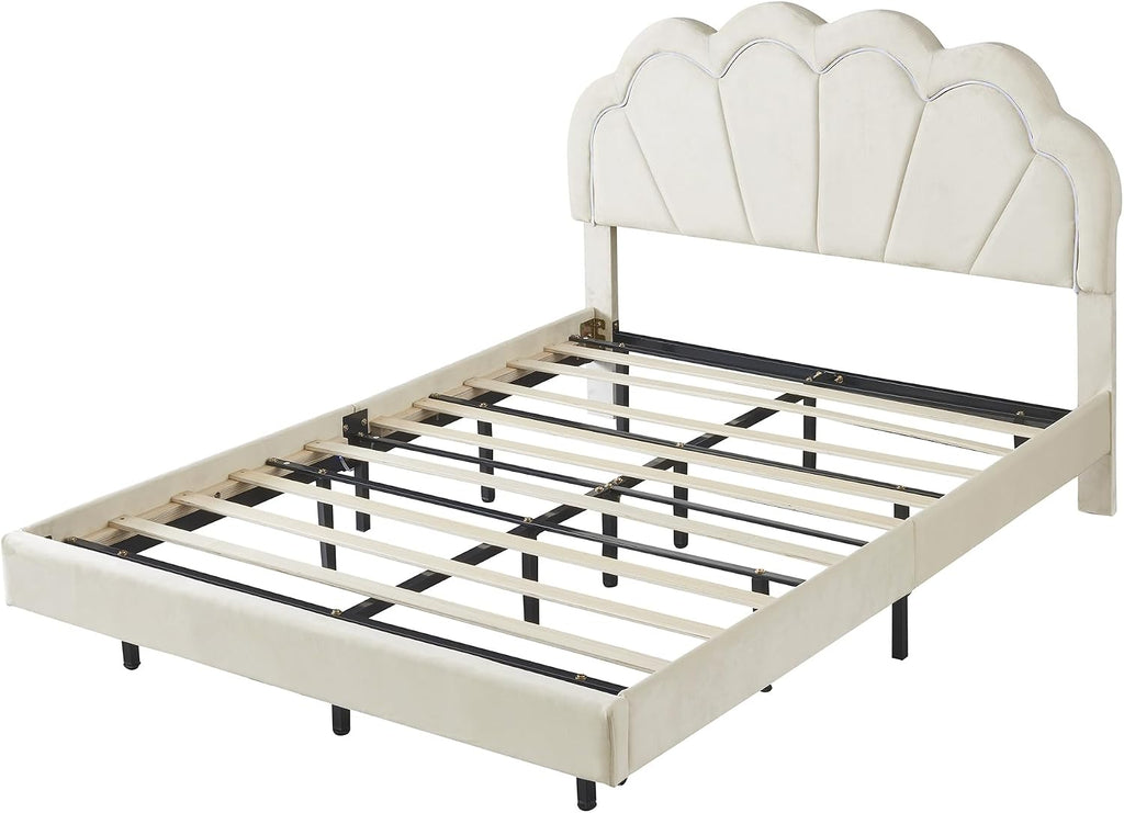 Velvet Full Size Upholstered LED Platform Bed with Storage Ottoman, 2-Pieces Bedroom Sets, Elegant Floating Platform Bed with LED Flowers-Shaped Headboard (Beige-2PF)