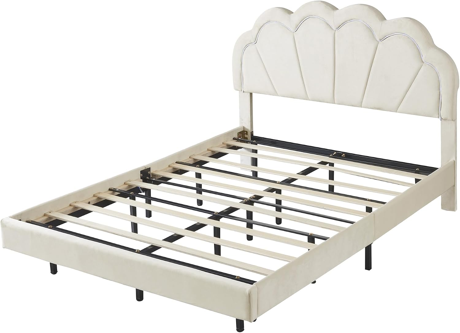 Velvet Full Size Upholstered LED Platform Bed with Storage Ottoman, 2-Pieces Bedroom Sets, Elegant Floating Platform Bed with LED Flowers-Shaped Headboard (Beige-2PF)