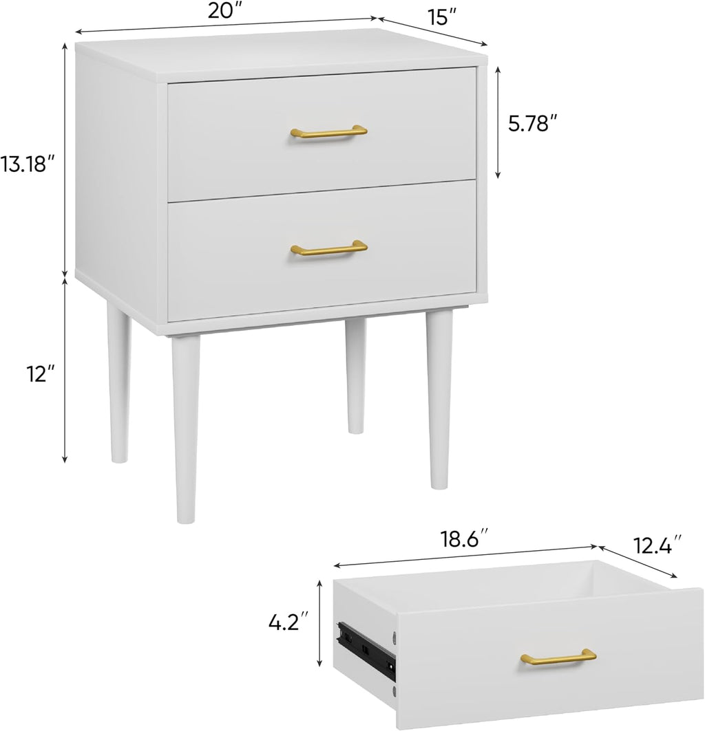 Modern White Bedside Cabinet with Metal Handles | 2-Drawer Nightstand Set of 2, Solid Wood Legs & Metal Slides for Bedroom Living Room