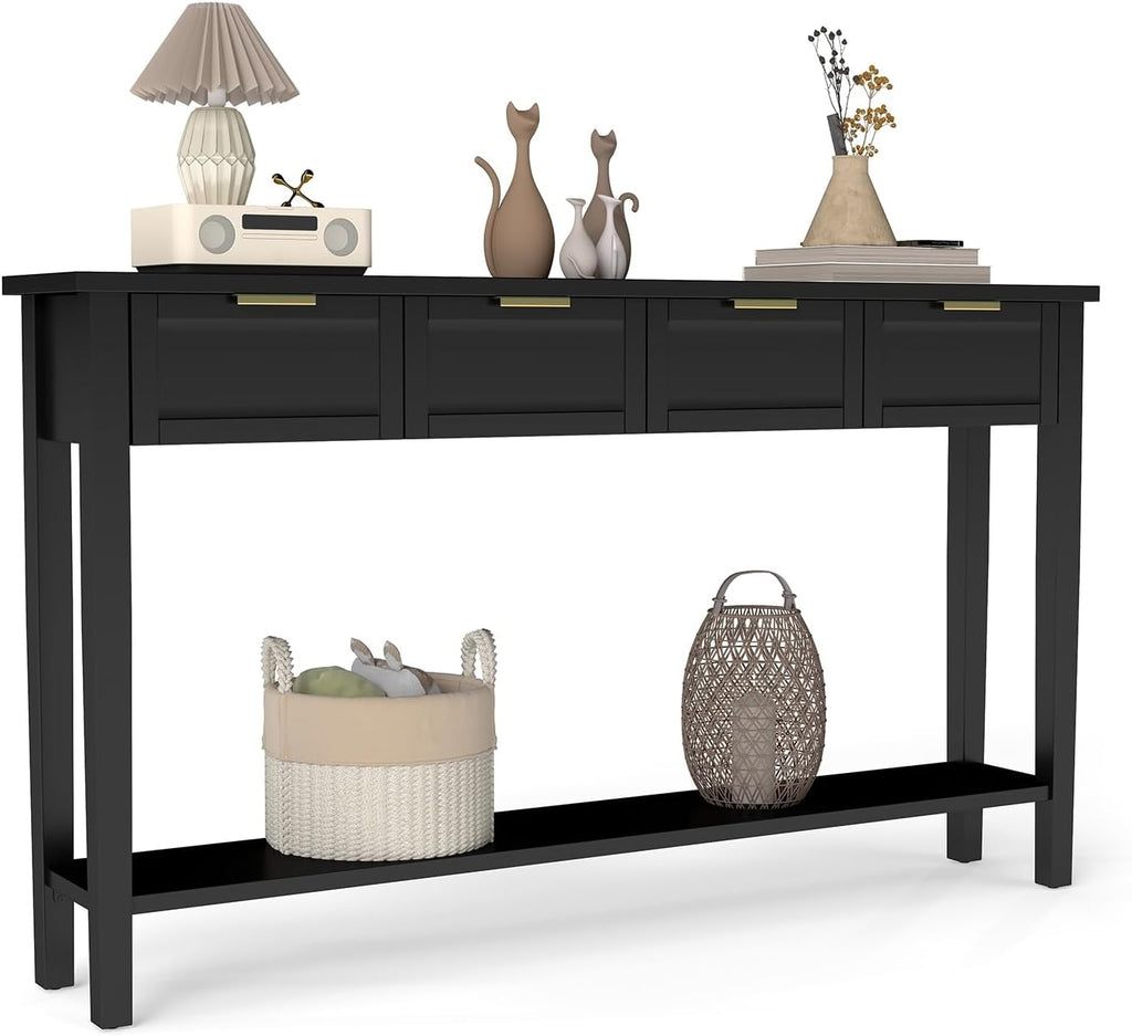 kinbor Long Console Table - 2-Tier Narrow Sofa Table with Open Shelf & 4 Drawers, Modern Narrow Console Table Entryway Table with Storage for Entryway Living Room Bedroom Kitchen, Black