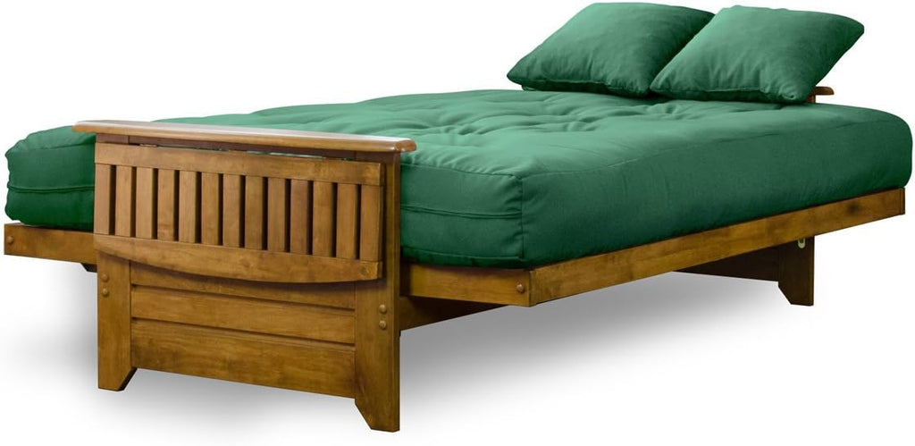 Nirvana Futons Brentwood Tray Arm Futon Frame, Drawers, and Hunter Green Mattress Set - Queen, Rich Heritage Finish