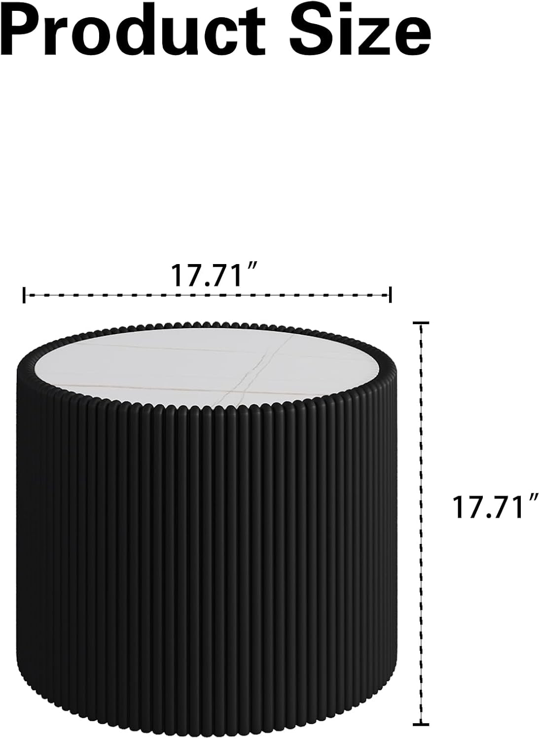 17.71' Black Round Coffee Table, Drum Coffee Table with Sintered Stone Tabletop and Fluted PU Leather Covered and Stable Base, Circle Cocktail Tea Table for Living Room