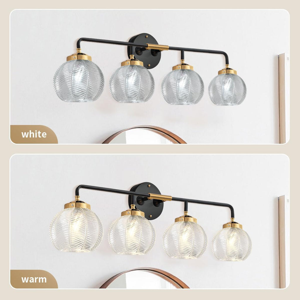 Bathroom Light fixtures 4-Lights Vanity Lights Over Mirror Mid Century Modern Wall Sconce Light with Clear Glass Globe Shade Vintage Black Gold Bath Wall Lamp for Living Room Cabinet