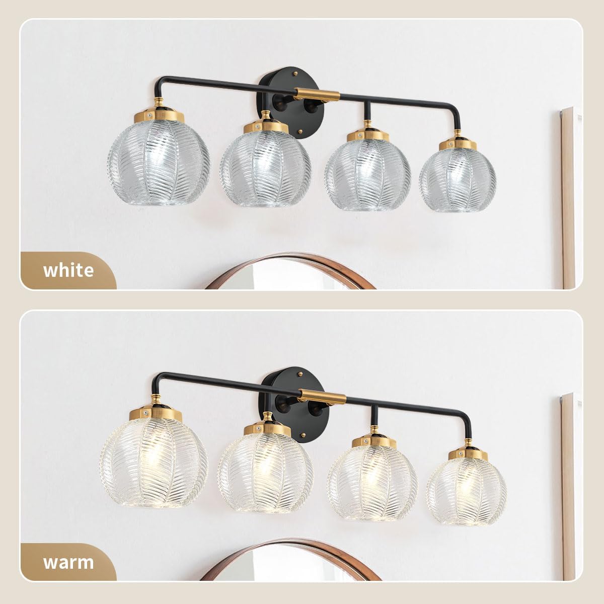 Bathroom Light fixtures 4-Lights Vanity Lights Over Mirror Mid Century Modern Wall Sconce Light with Clear Glass Globe Shade Vintage Black Gold Bath Wall Lamp for Living Room Cabinet