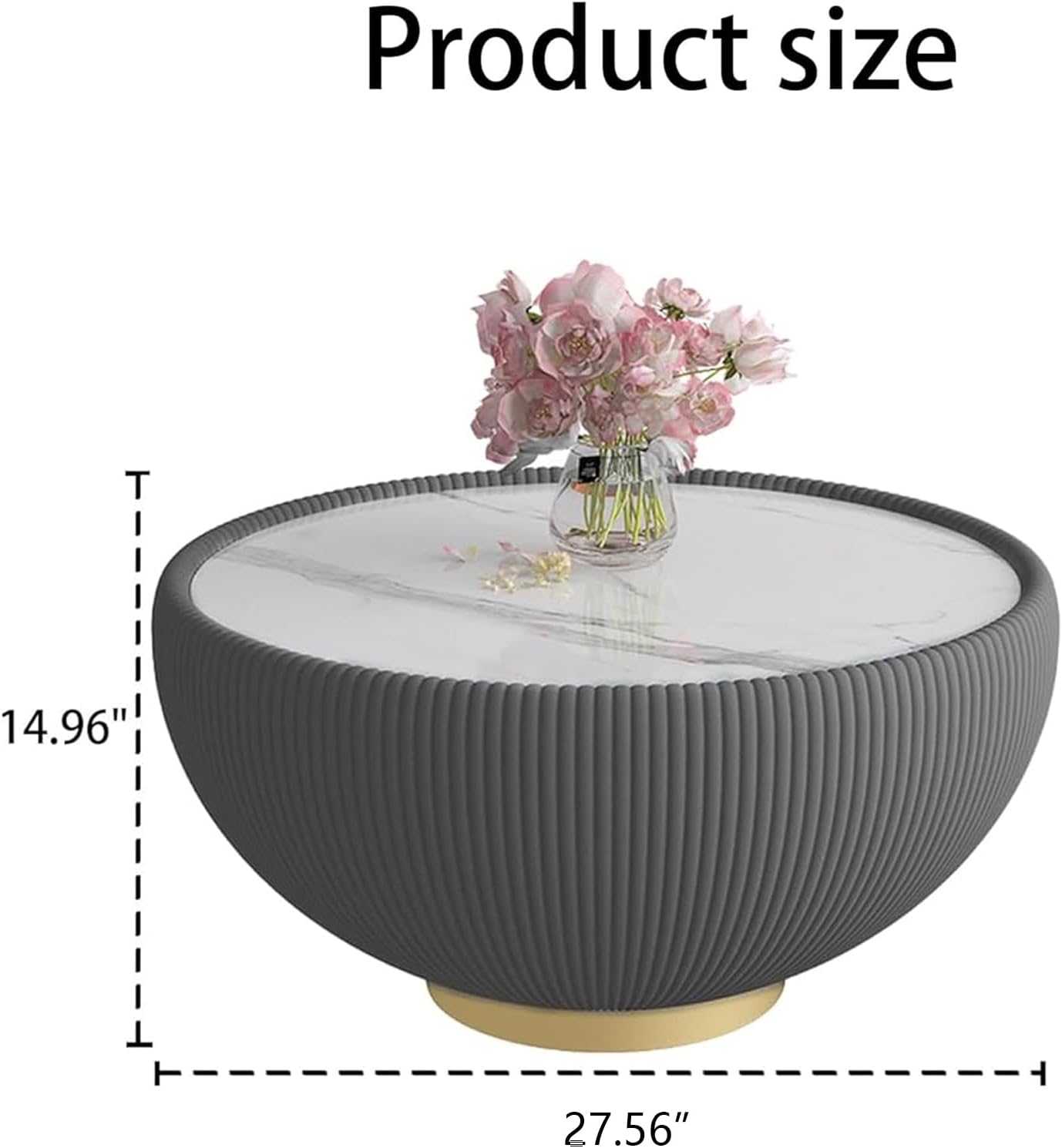 Grey Round Coffee Table, 27.56' Drum Coffee Table with Sintered Stone Tabletop and Fluted PU Leather Covered and Metal Base, Circle Cocktail Tea Table for Living Room