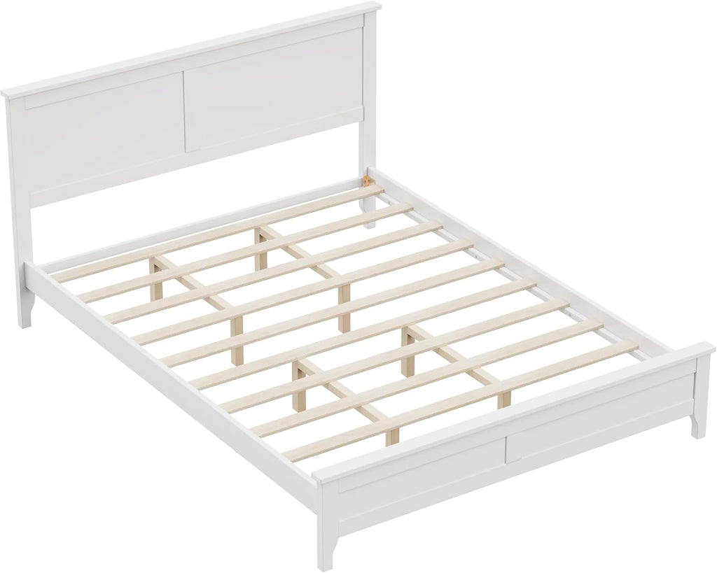12 Inch Deluxe Queen Size Bed Frame with Headboard, Mid Century Retro Style White Wood Platform Beds Frames, No Box Spring Needed, 13 Strong Wooden Slat Support, Easy Assembly (White, Queen)