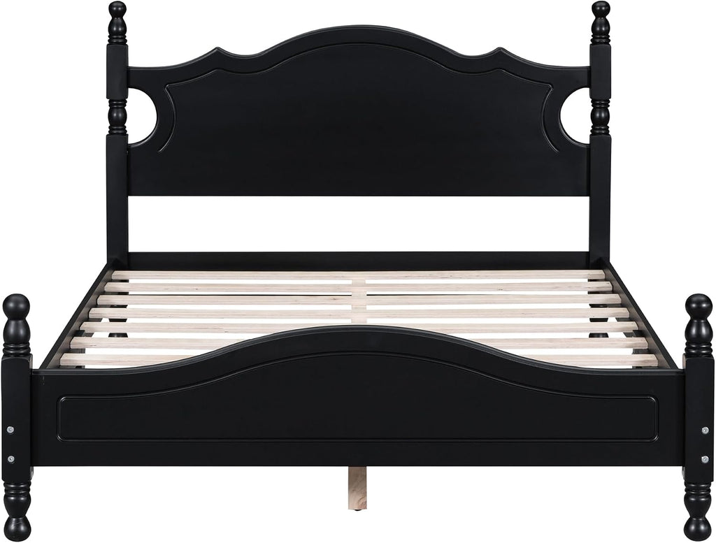 Solid Wood Bed Frame Full Size, Wooden Retro Style Platform Bed Frame with Headboard and Footboard, Heavy Duty Bed Frame with 10 Wood Slats Support,No Box Spring Needed,Noiseless (Black, Full)