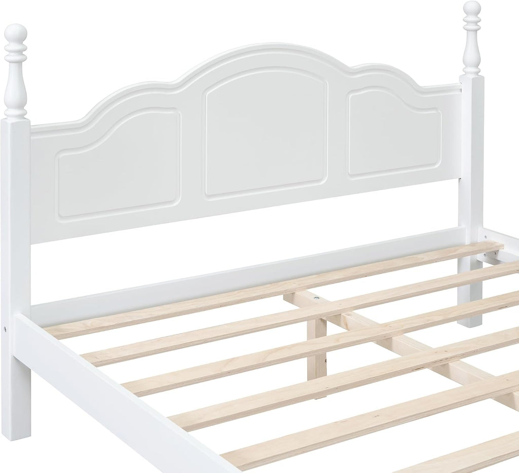 3-Pieces Bedroom Sets, Queen Size Retro Wood Platform Bed with Sense of Design Headboard, Wood Platform Bed Frame with 2 Nightstands for Kids Teens Adults Bedroom Furniture(White-03, Queen)