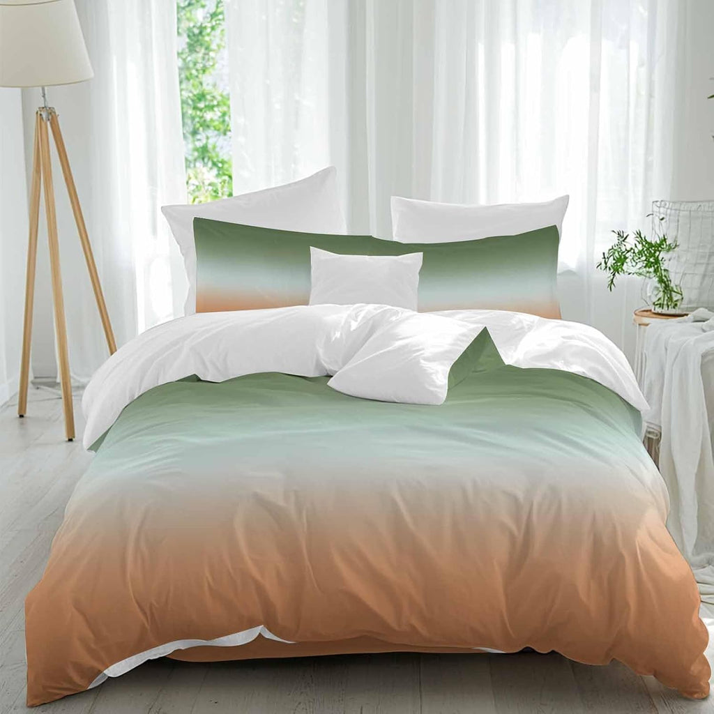 Gradient Sage Green Duvet Cover Set Queen Size 4 Pieces Modern Minimalist Green Orange Ocean Beach Bedding Set with Zipper Closure, 1 Comforter Cover 90x92 Inches 1 Flat Sheet & 2 Pillow Cases