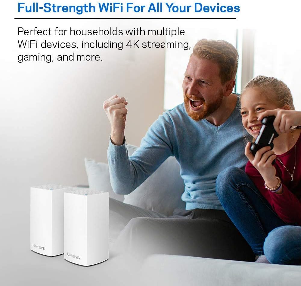 Linksys Velop Mesh Home WiFi System, 3,000 Sq. ft Coverage, 20+ Devices, Speeds up to (AC1300) 1.3Gbps - WHW0102
