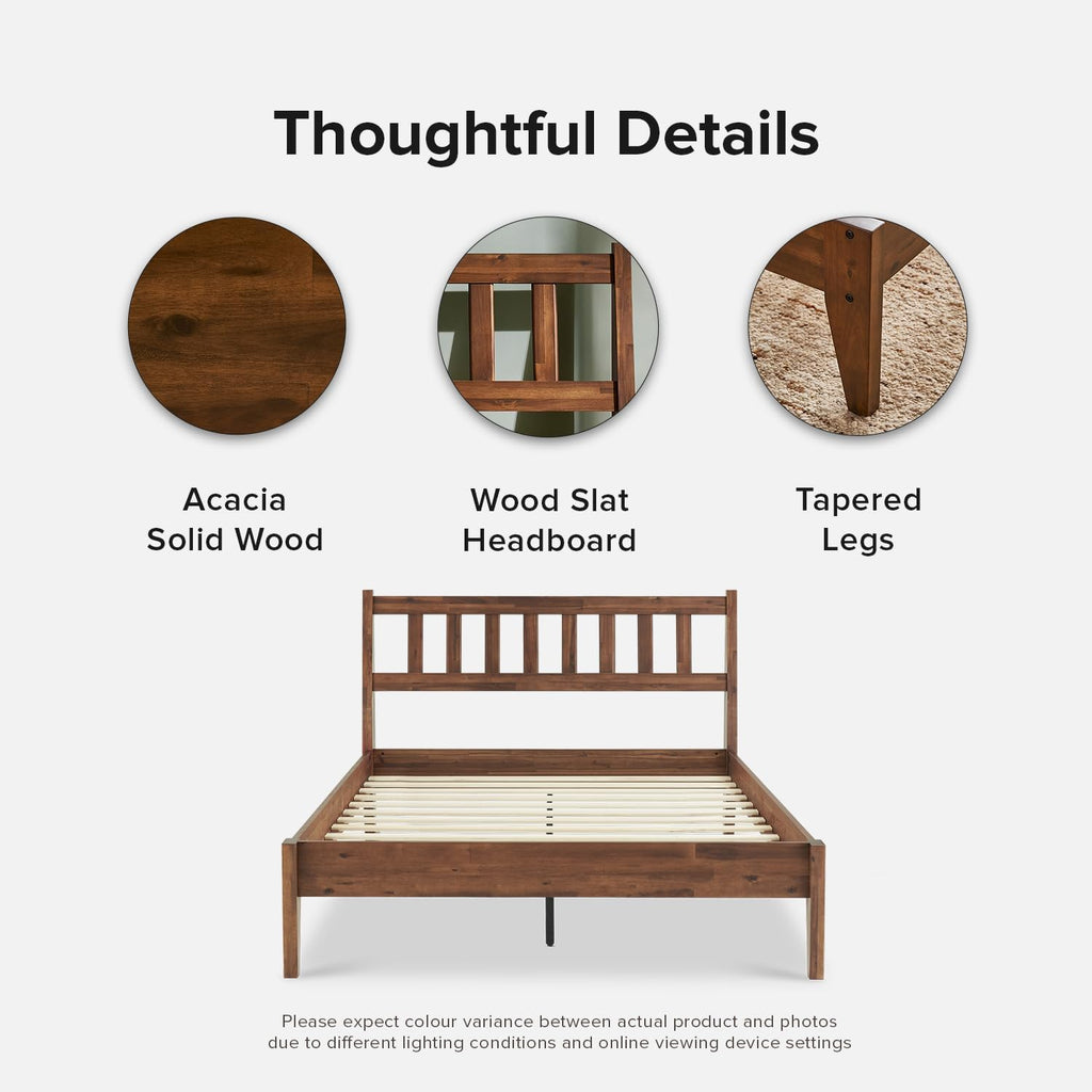 mopio Ted Bed Frame with Headboard, Mid Century Modern Acacia Solid Wood Platform Bed Frame, Wooden Slats, No Box Spring, Double Metal Bar Support (Solid Wood Slatted, Full)