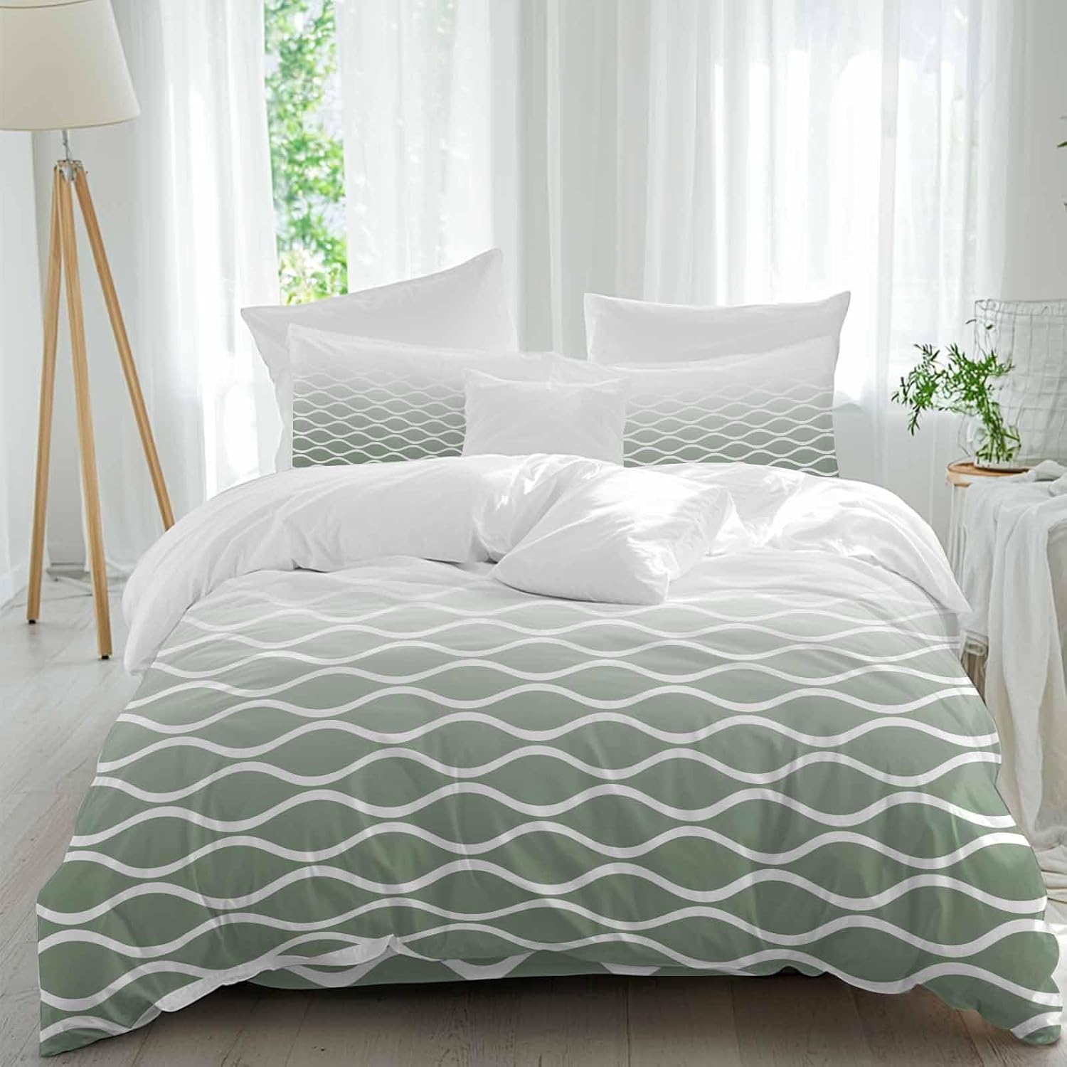Green Ombre Morocco Duvet Cover Set Queen Size 4 Pieces Modern Geometric Wave Lines Abstract Bedding Set with Zipper Closure, 1 Comforter Cover 92x106 Inches 1 Flat Sheet & 2 Pillow Cases
