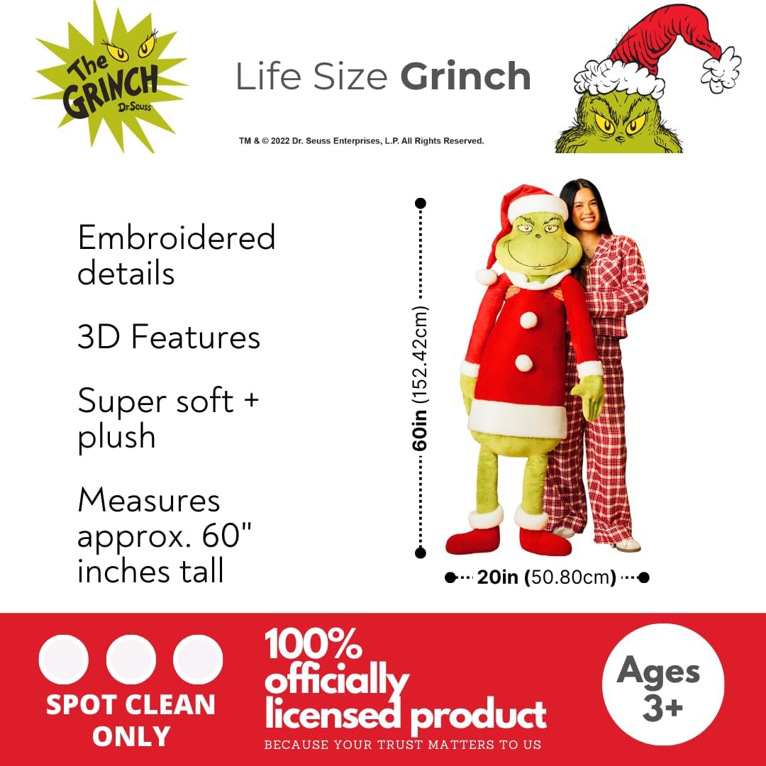Franco Dr. Seuss The Grinch Holiday & Christmas Bedding Super Soft Life Size Plush 60 Inch Large Oversized Cuddle Pillow Buddy,(Officially Licensed Product) Collectibles