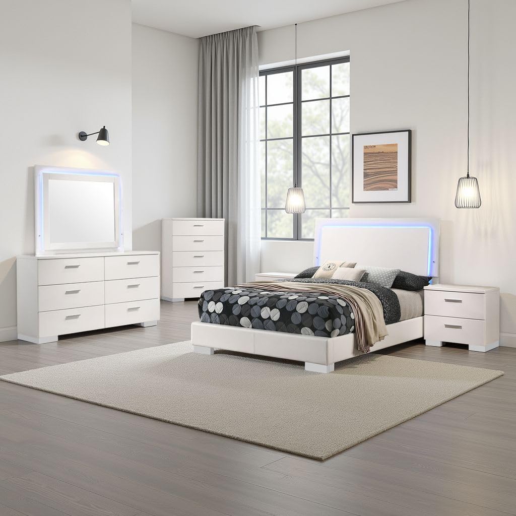 Benzara Sok 5pc Full Bedroom Set, Blue LED Lights, Faux Leather, White Wood