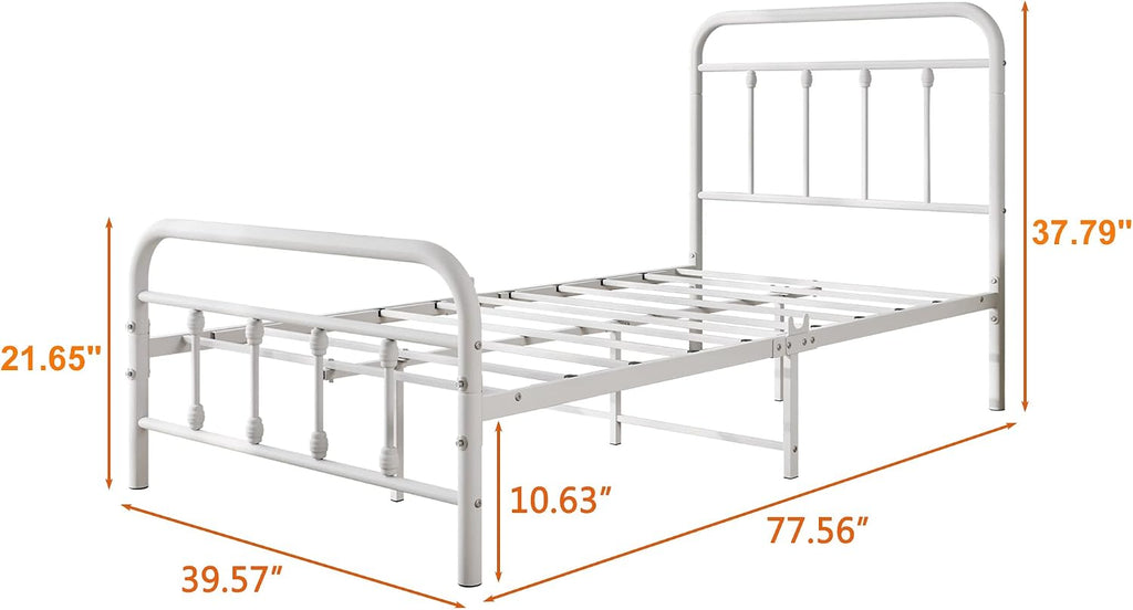 Vintage Twin Size Bed Frame with Headboard and Footboard Mattress Heavy Duty Metal Platform Bed Frame Steel Slat Support (Twin, White)