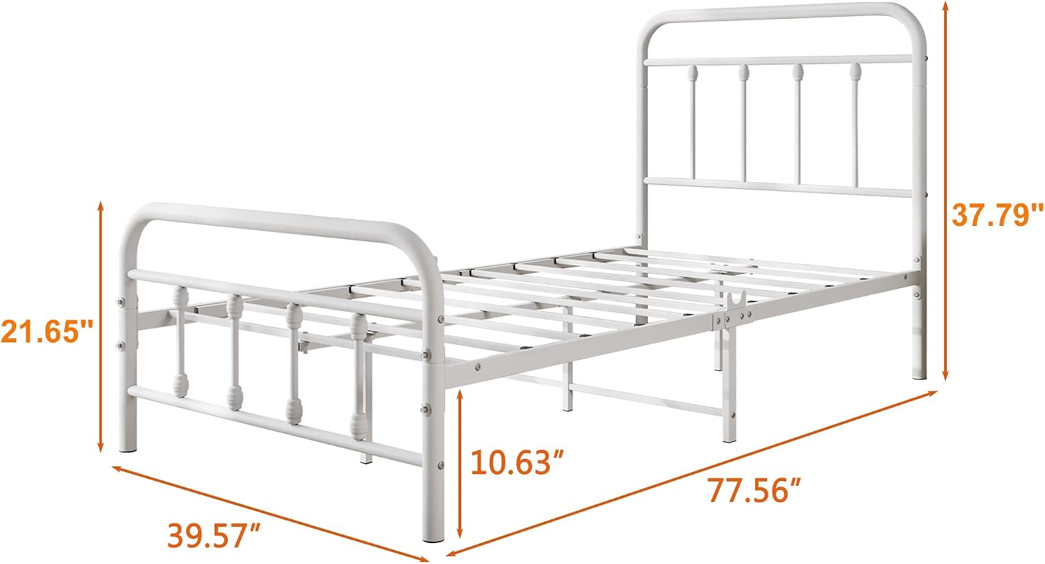 Vintage Twin Size Bed Frame with Headboard and Footboard Mattress Heavy Duty Metal Platform Bed Frame Steel Slat Support (Twin, White)
