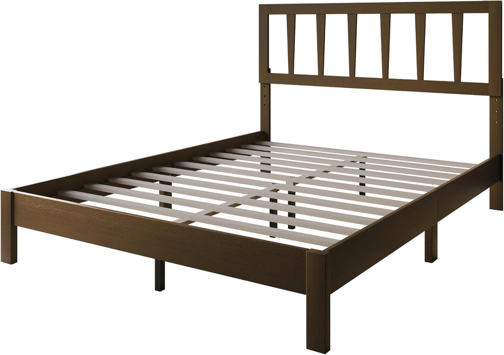 HOME DESIGN Elmira Twin Wood Platform Bed, Solid Wood Frame with Adjustable Height Headboard Leg, Easy Assembly, Brown Finish