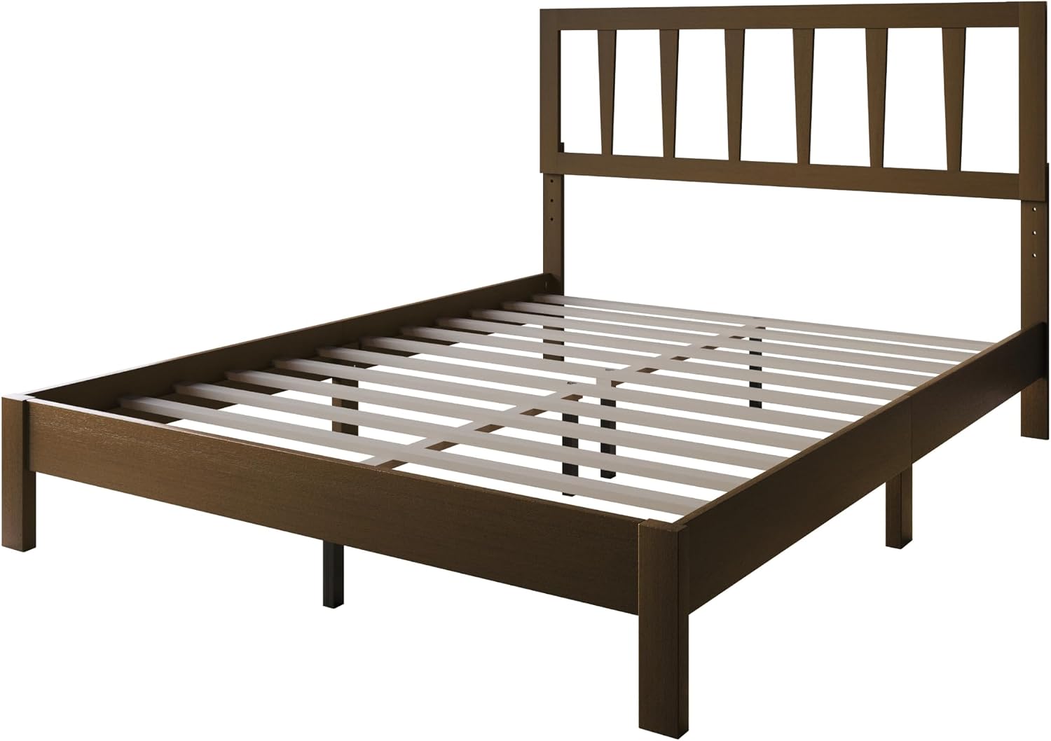 HOME DESIGN Elmira Twin Wood Platform Bed, Solid Wood Frame with Adjustable Height Headboard Leg, Easy Assembly, Brown Finish