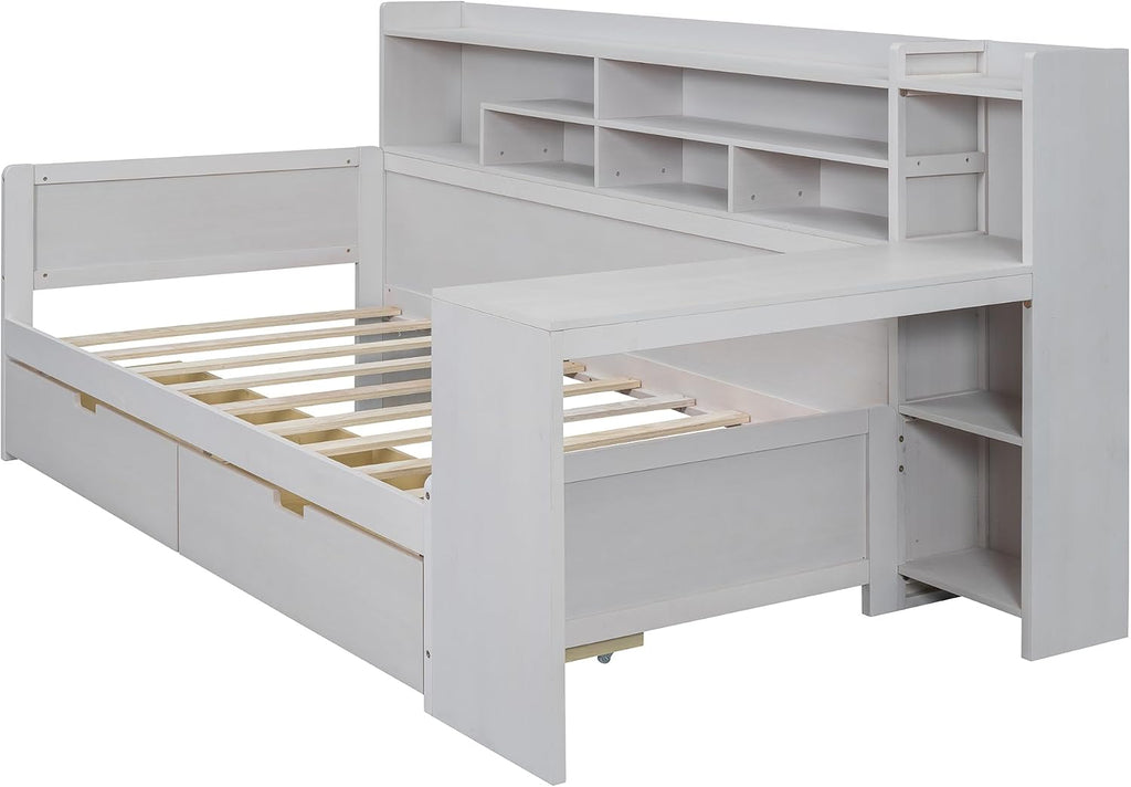 RuiSiSi Twin Size Daybed with Storage Drawers and Bookcase, Wood Daybed with Desk and Storage Headboard, Twin Corner Bed with Storage Shelves Drawers for Kids Teens Adults Bedroom, Antique White