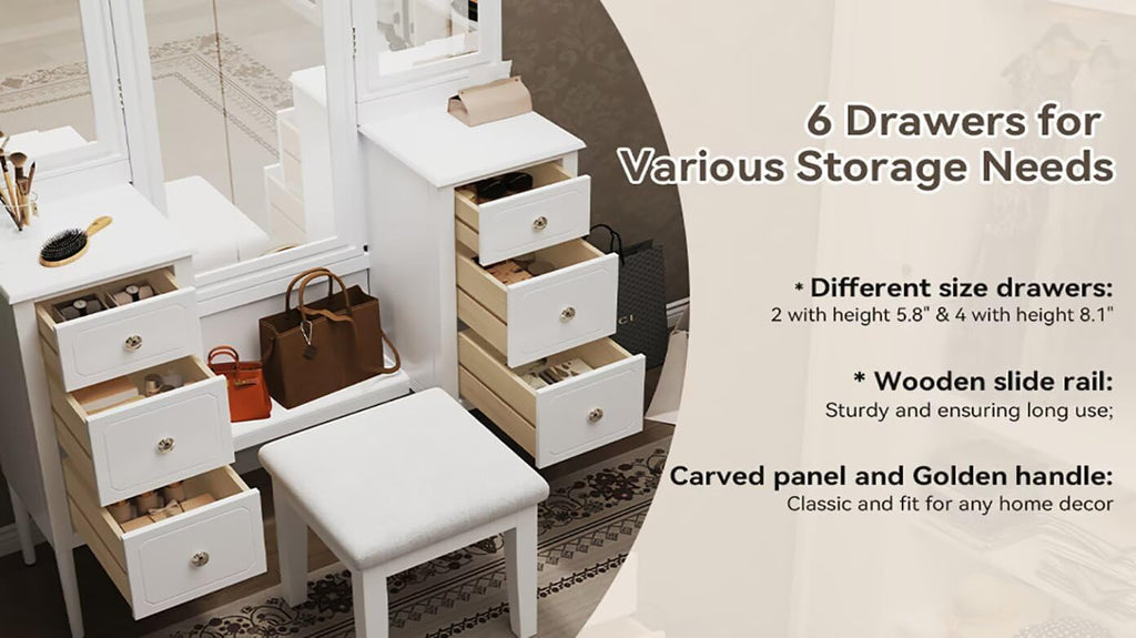 JIJIWANG 68.75H Antique Makeup Vanity Desk with Triple Mirror,6-Drawer Dressing Table Set Including Stool,Full Length Mirror for Bedroom Dressing Room,White