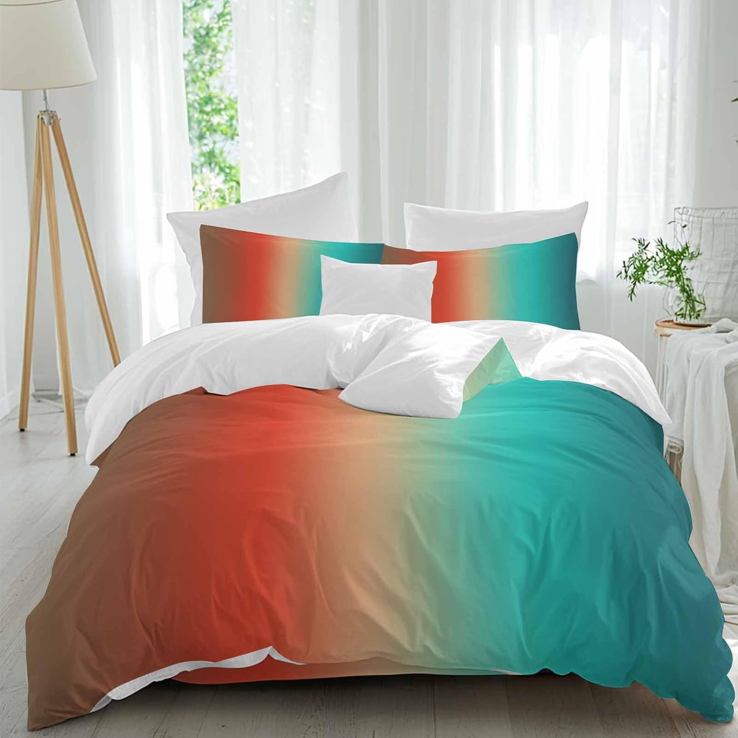 Gradient Blue Green Duvet Cover Set Queen Size 4 Pieces Modern Abstract Minimalist Orange Brown Ocean Beach Bedding Set with Zipper Closure,1 Comforter Cover 86x86 Inches 1 Flat Sheet & 2 Pillow Cases
