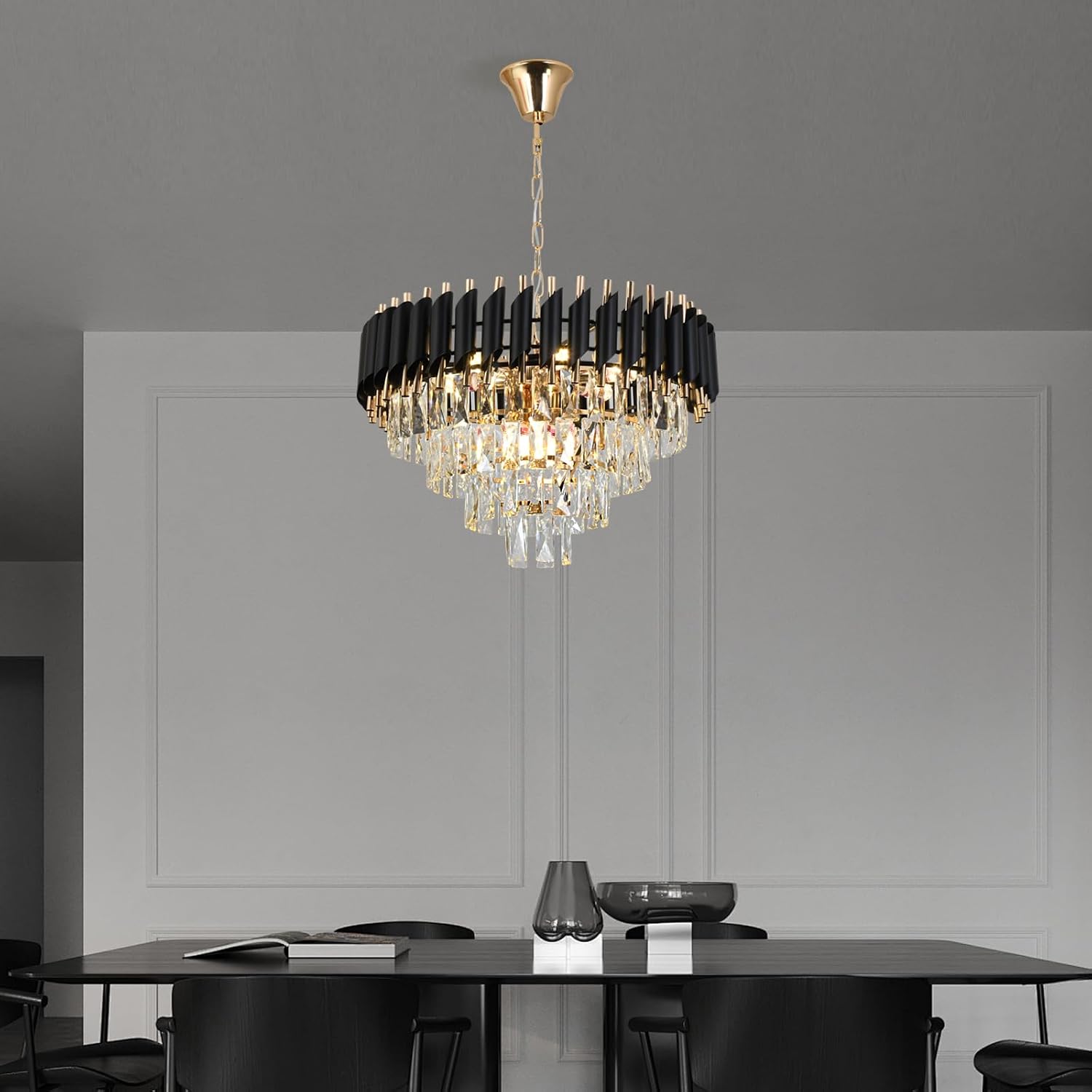 Modern Crystal Chandelier, 9-Light Black and Gold Round Pendant Light Fixture, 23.6' Luxury Hanging Ceiling Light for Dining Room, Living Room, Kitchen Island, Bedroom, Entryway, E12 Base