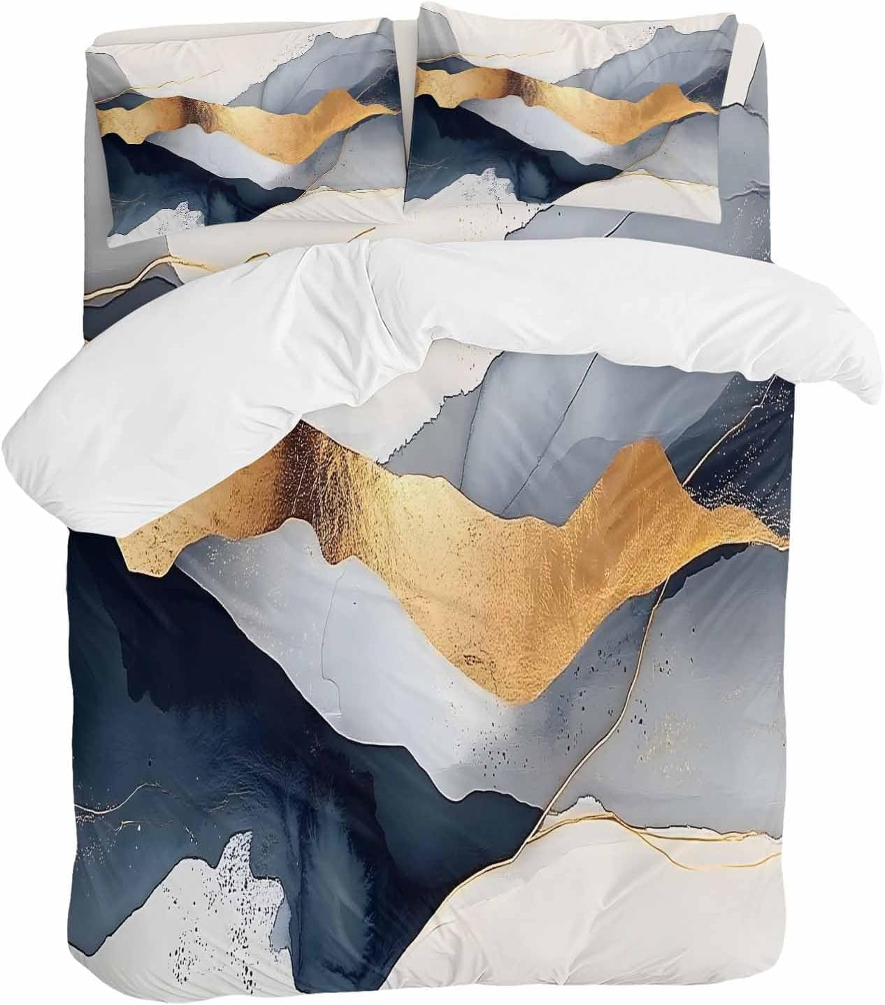 Prime Leader Abstract Duvet Cover Set Queen Size 4 Pieces Modern Gold Blue Grey Geometric Minimalist Bedding Set with Zipper Closure, 1 Comforter Cover 86x86 Inches 1 Flat Sheet & 2 Pillow Cases