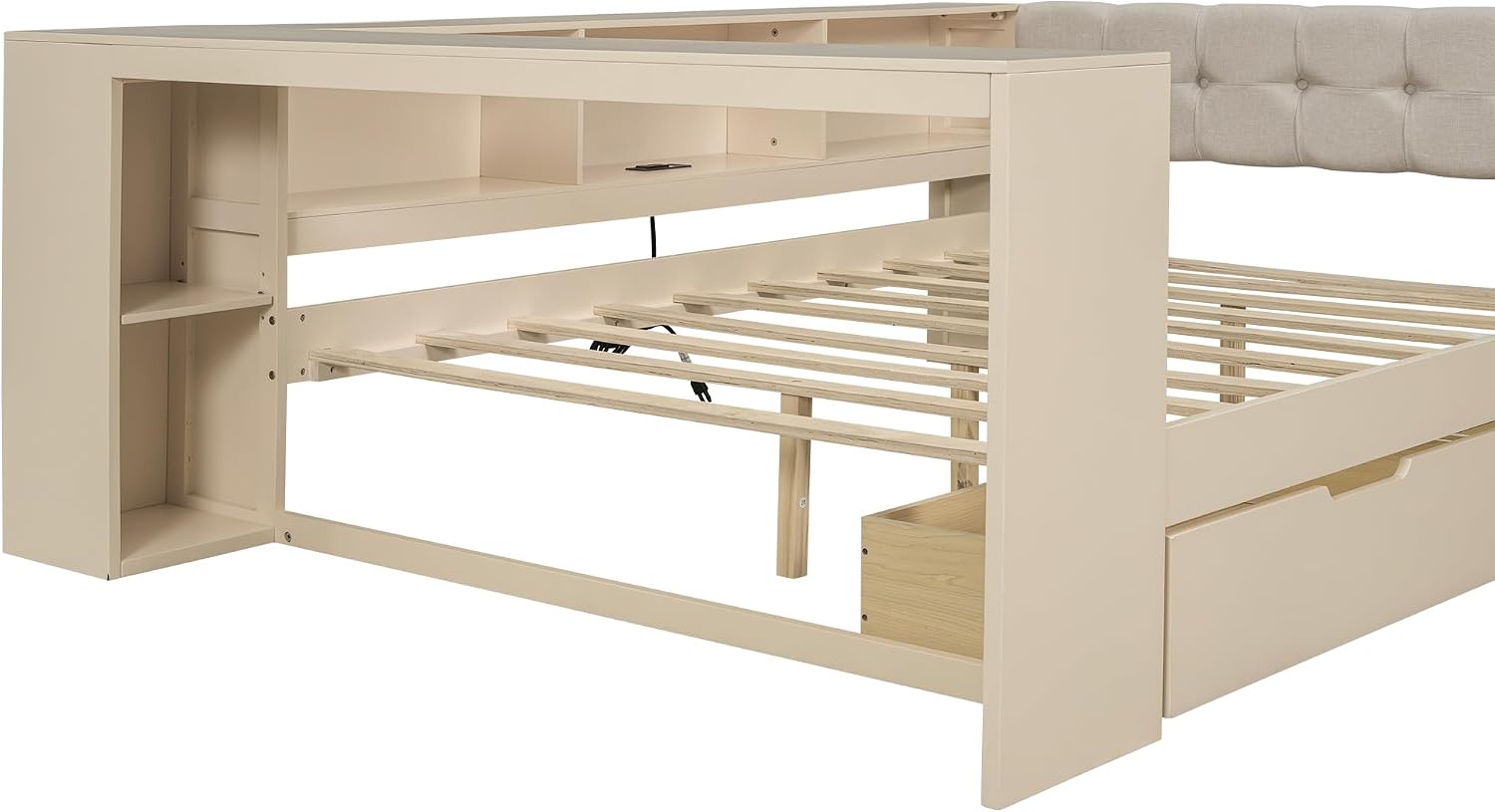 Ball & Cast Wood Full Size Platform Bed with Storage Shelves and Drawers,Multiple Bed Frame w/Charging Station & Upholstered Headboard,Bedroom Furniture Bedframe for Apartment,Cream