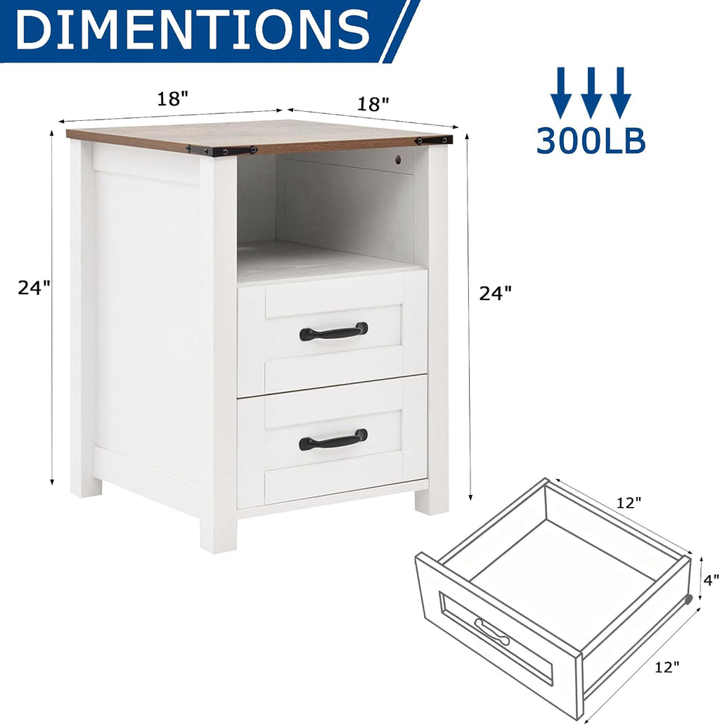 Farmhouse Night Stand Set of 2, Rustic White Nightstand for Bedroom, End Tables Without Charging Station, Bedside Table with Drawers, Wood Bedside Cabinet Dresser