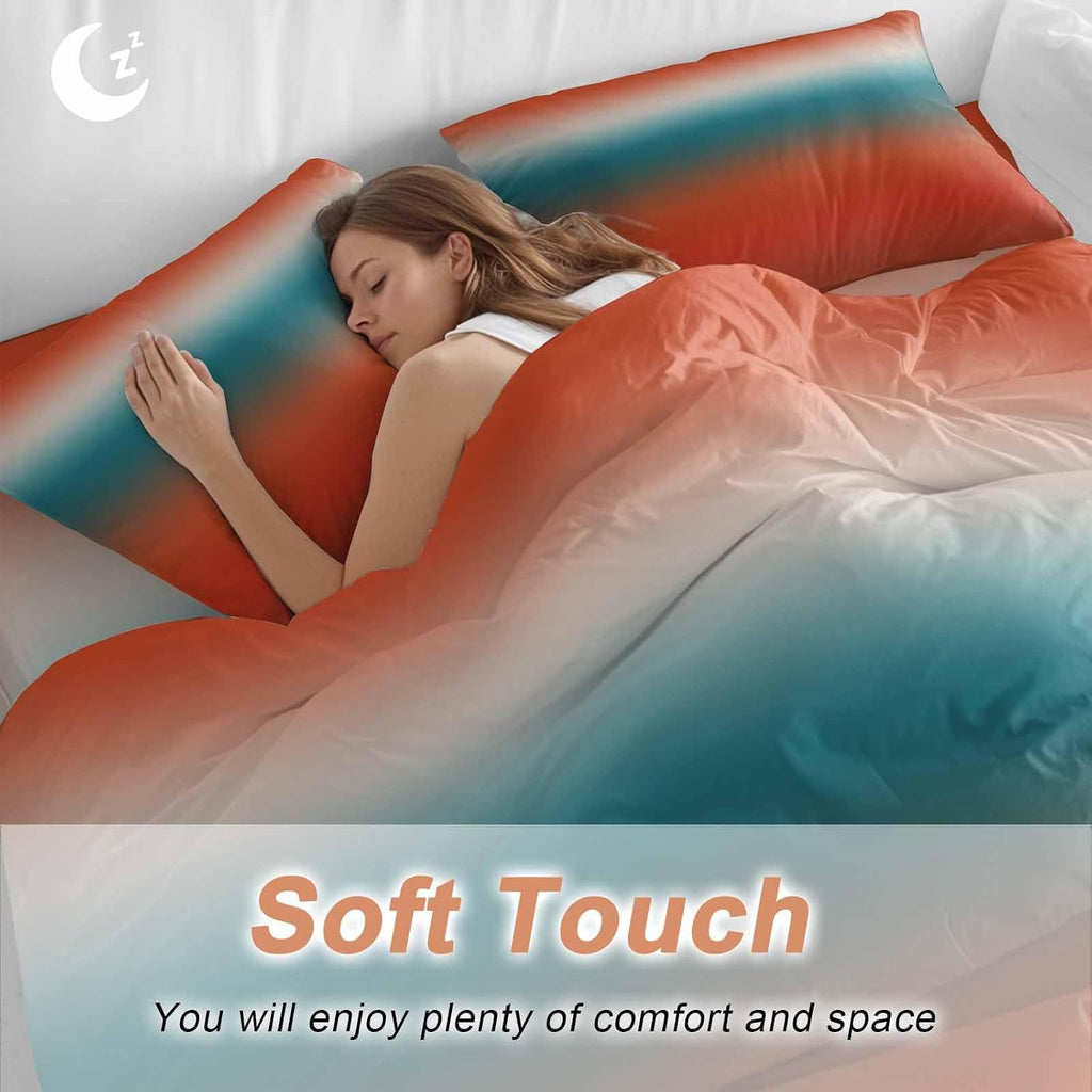 Bohemian Gradient Red Duvet Cover Set Queen Size 4 Pieces Modern Minimalist Red Blue Ocean Beach Bedding Set with Zipper Closure, 1 Comforter Cover 86x86 Inches 1 Flat Sheet & 2 Pillow Cases