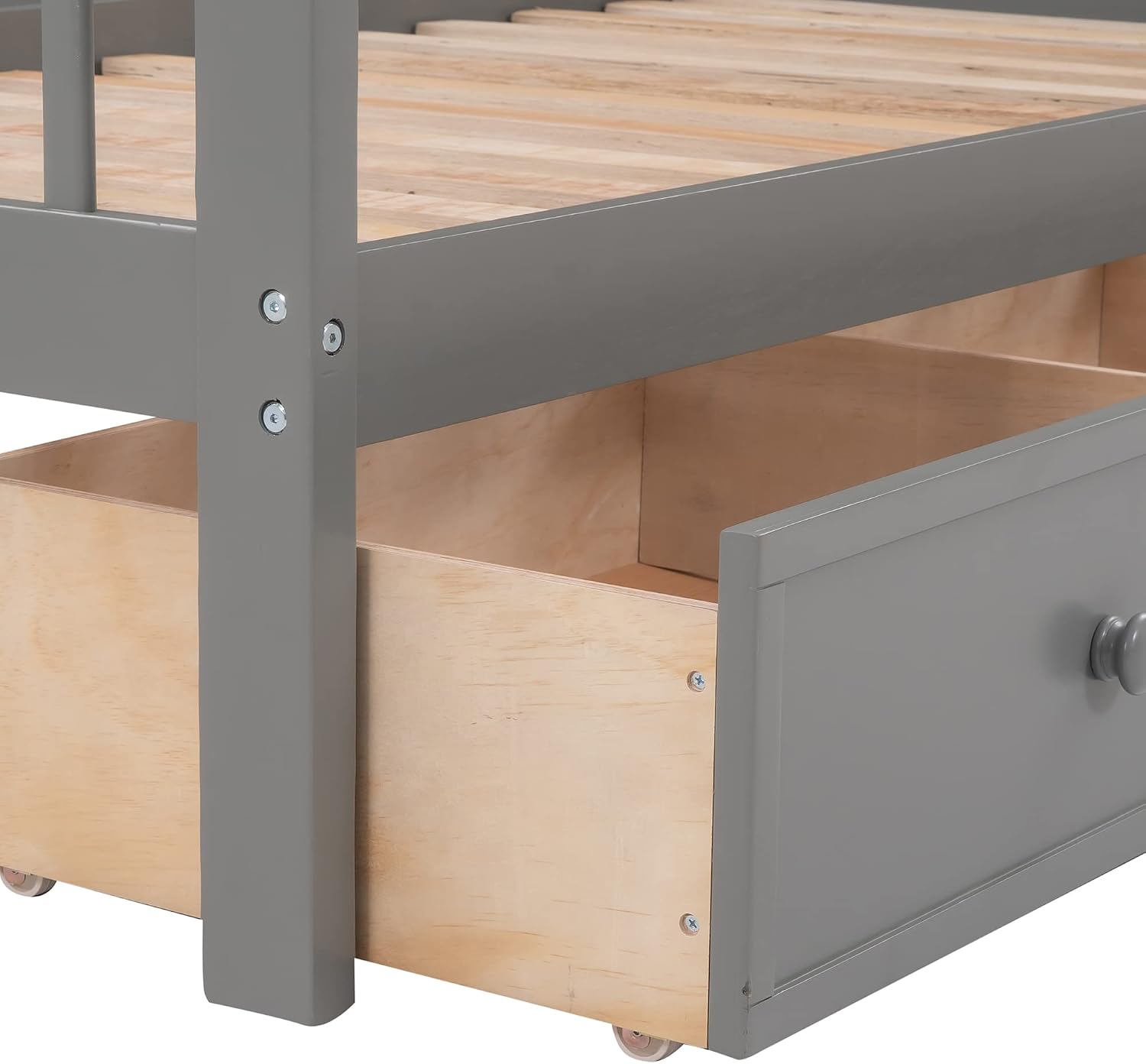 Merax Twin Over Twin Stairway Bunk Bed with 3 Storage Drawers and Staircase, Solid Wood Storage Bunk Bed Frame with Guardrail, Can be Separated into 2 Beds, Grey