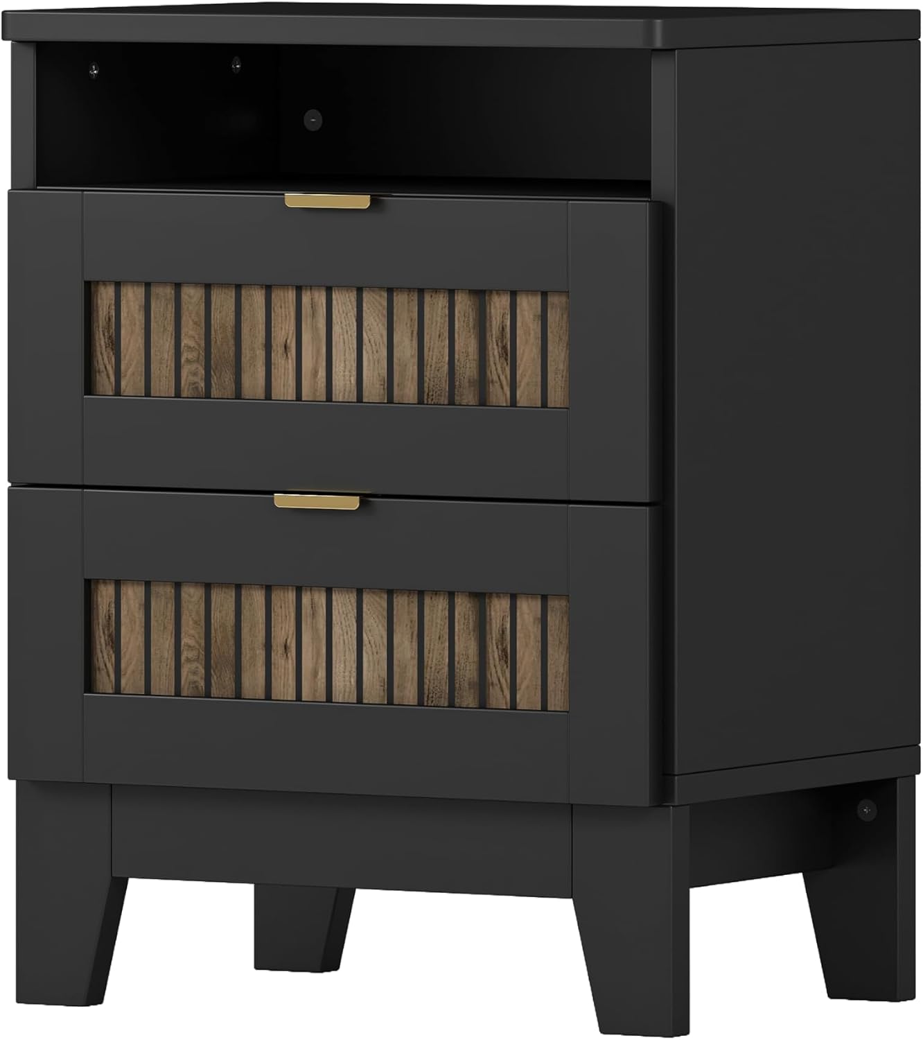 Farmhouse 4-Pieces Bedroom Sets, Queen Size Farmhouse Platform Bed with Wooden Strip Stickers Decoration, 2 Nightstands and 6 Drawer Dresser with Metal Handle (Black-4PS)