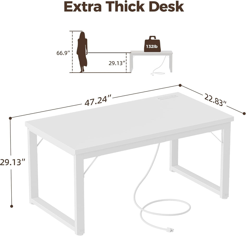 Mericonia 48 Inch Computer Desk with Power Outlets, 1.2' Thick Heavy Duty Industrial Office Desk, Modern Simple Study Writing Table for Home Bedroom Workstation, White