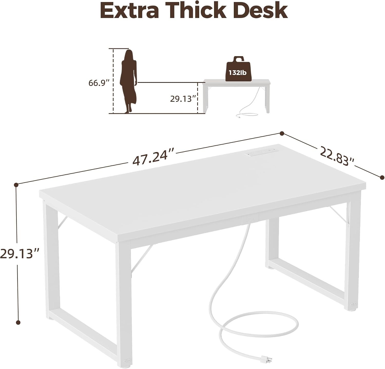 Mericonia 48 Inch Computer Desk with Power Outlets, 1.2' Thick Heavy Duty Industrial Office Desk, Modern Simple Study Writing Table for Home Bedroom Workstation, White