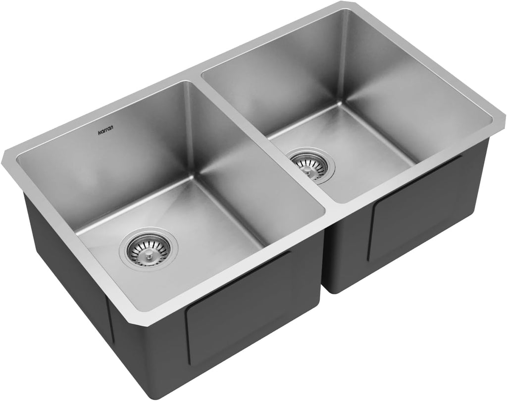 Karran Elite 32-Inch Undermount 16 Gauge Stainless Steel Double Bowl Kitchen Sink with Accessories, 50/50 Equal Bowls, Satin Finish, Sound Dampening