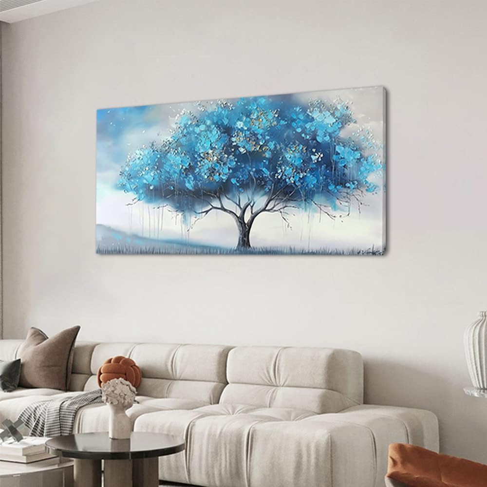Piy Painting Blue Tree and White Petals Flowers Plants Wall Art Decor Artwork for Bedroom (30x60 Inches)