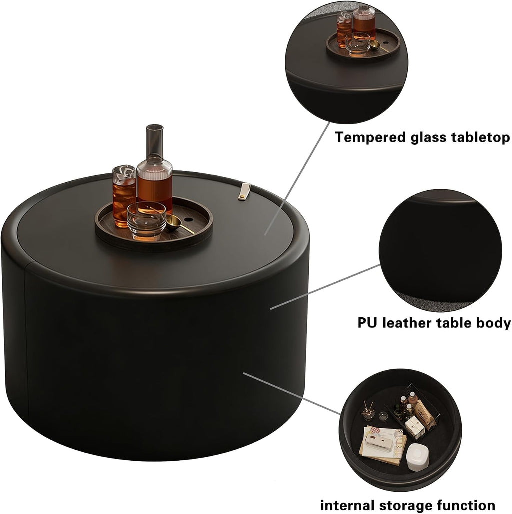 Round Living Room Table Set with Hidden Storage, 27.56' Black Drum Center Table and 19.69' Black Coffee Table Set, 2 Pieces Coffee Table Set with Tempered Glass Top and PU Leather Body