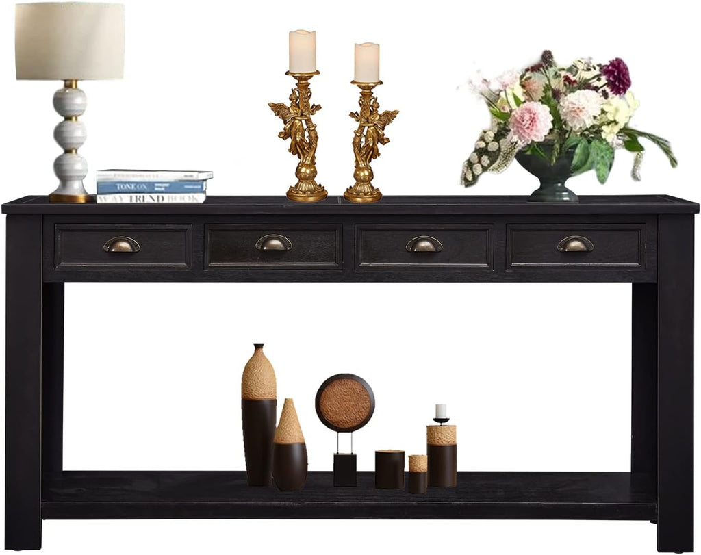 kinbor Long Sofa Table - Black 60 Inch Console Tables for Living Room, Hallway Table with 4 Drawers, Modern Wood Entryway Table with Storge Shelf