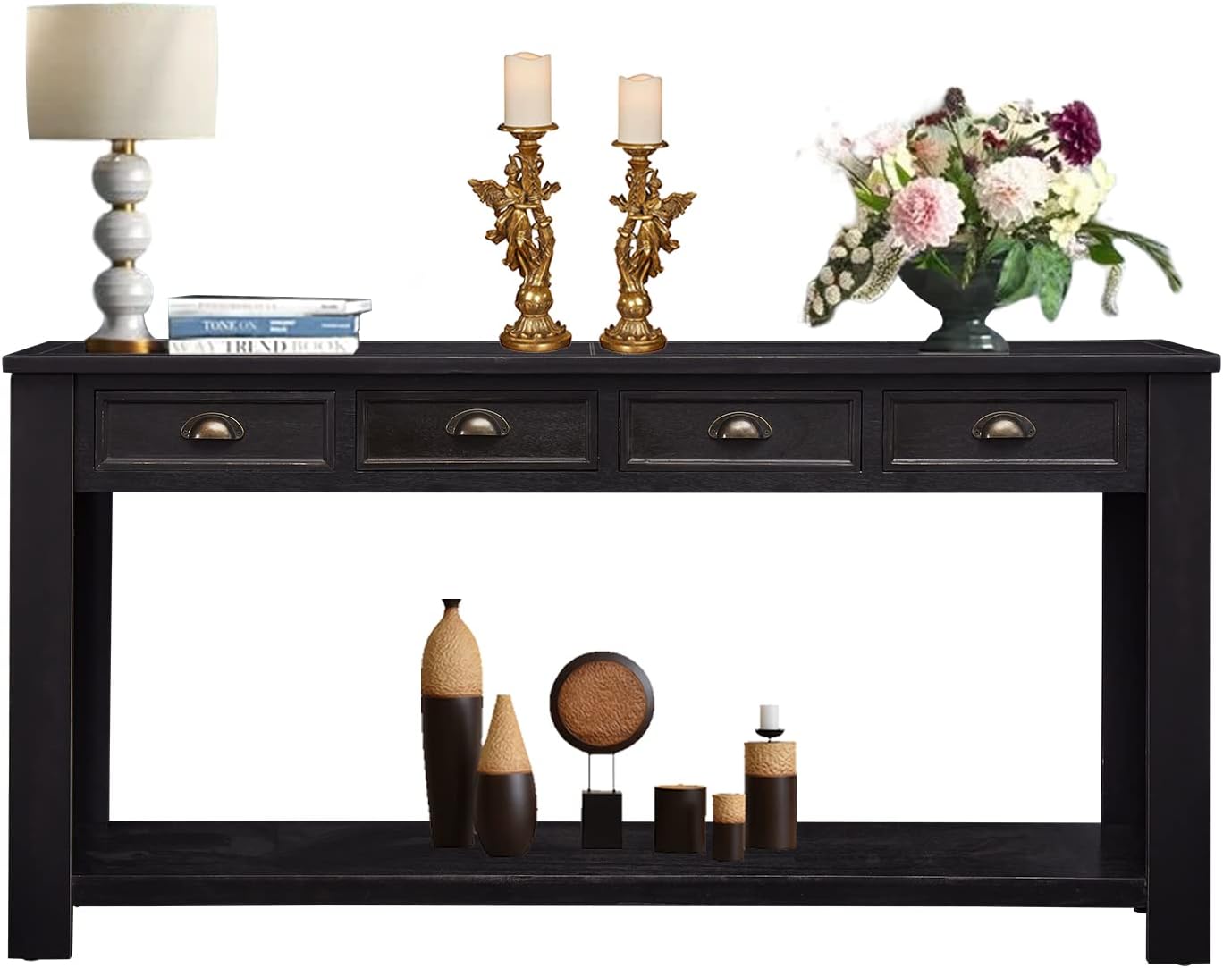kinbor Long Sofa Table - Black 60 Inch Console Tables for Living Room, Hallway Table with 4 Drawers, Modern Wood Entryway Table with Storge Shelf
