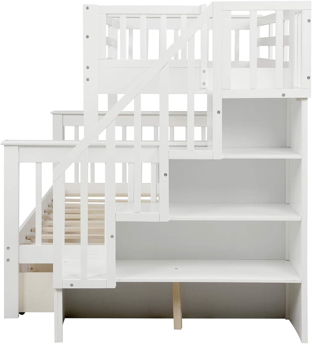 Twin Over Full Bunk Bed with 3 Drawers and Staircase,Can be Separated into 2 Beds,Wood Floor Bunk Bed Frame with Storage Shelf and Full-Length Safety Guardrail for Kids Teens Adults,Space Saving,White