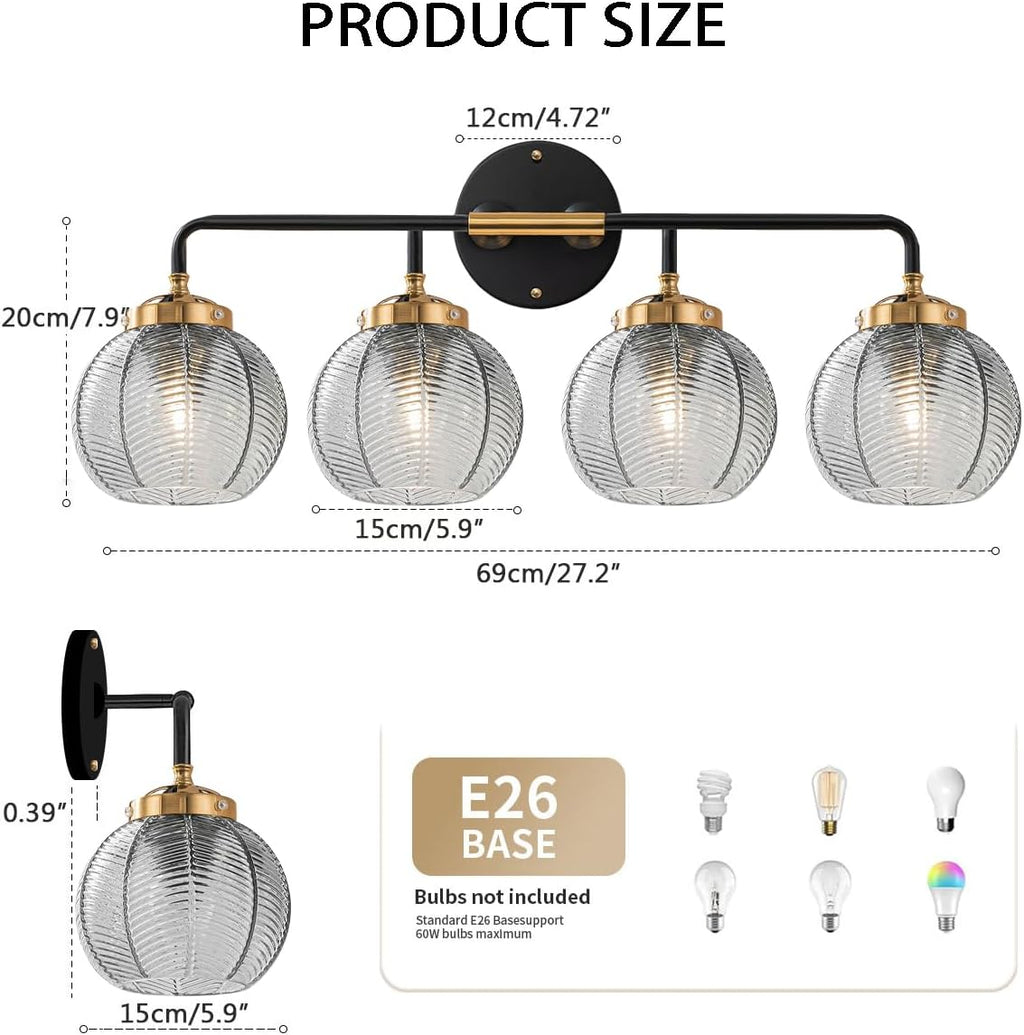 4-Light Bathroom Vanity Light Black Wall Light Sconces with Smoky Gray Glass Shade Mid Century Bathroom Wall Lights Fixtures Modern Vanity Lamp for Over Mirror Living Room Cabinet