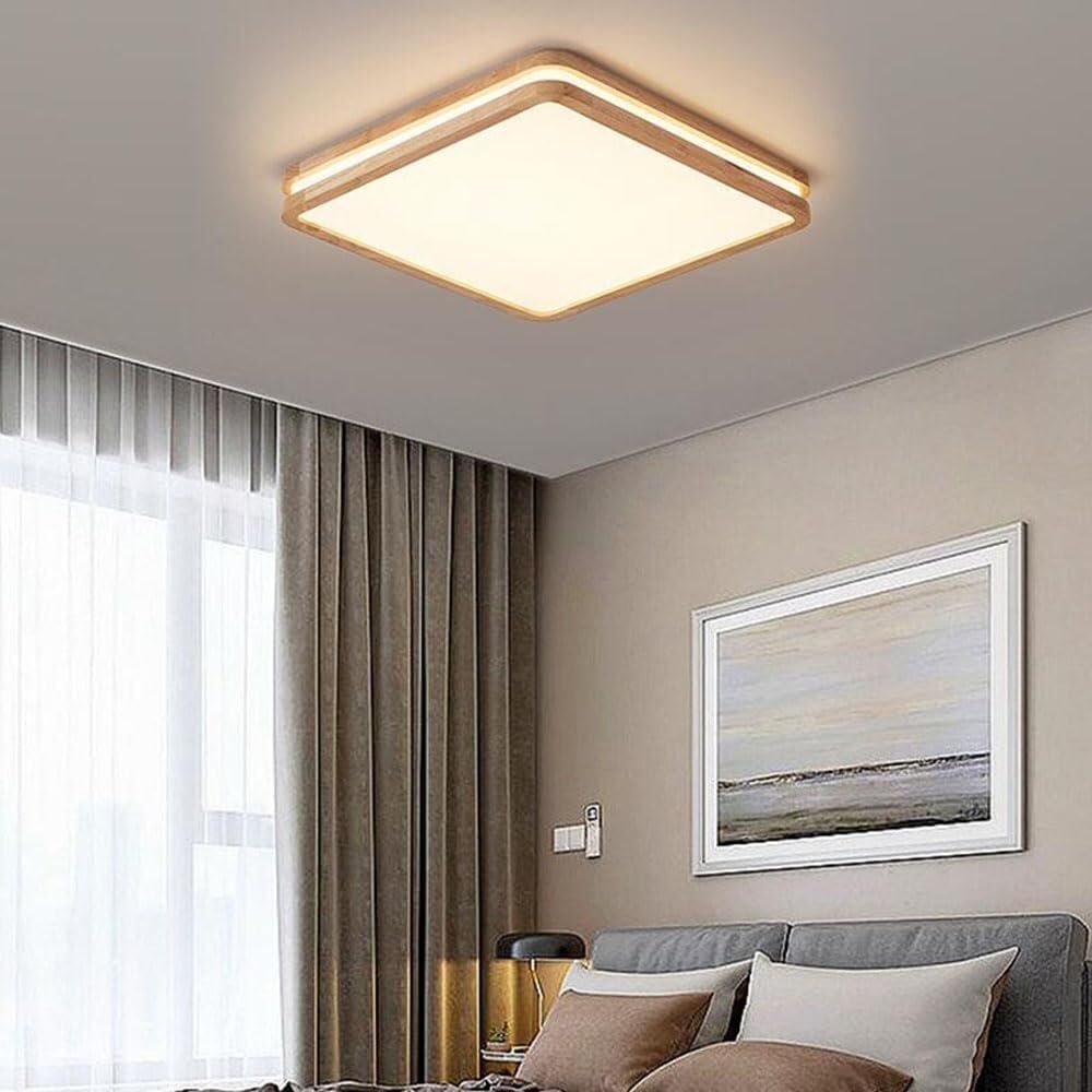 Three-Color Dimming Flat Ceiling Lamp LED Indoor Wooden Square Lighting Ceiling Light Chinese Style Ceiling Light Fixture for Living Room Bedroom Dining Room Kitchen Study Room Corridor