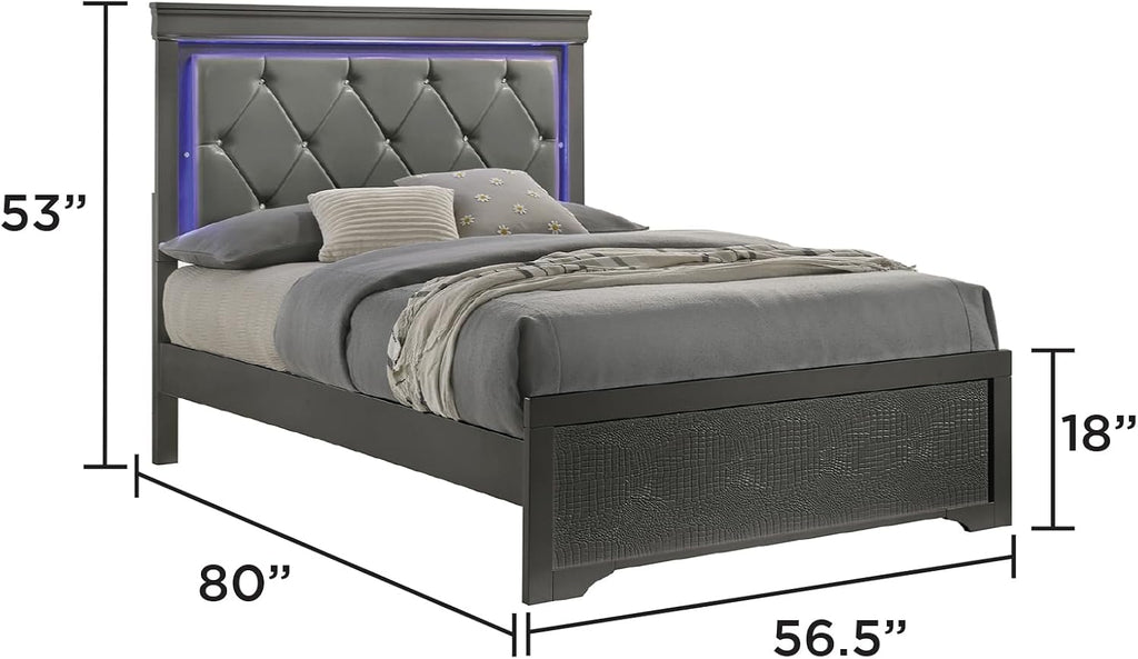 GOWE Blaze Upholstered Modern Style 5 Pc Full Bedroom Set with LED Headboard Made with Wood in Metallic Gray(CA Warehouse)