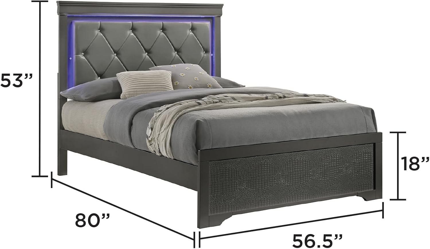 GOWE Blaze Upholstered Modern Style 5 Pc Full Bedroom Set with LED Headboard Made with Wood in Metallic Gray(CA Warehouse)