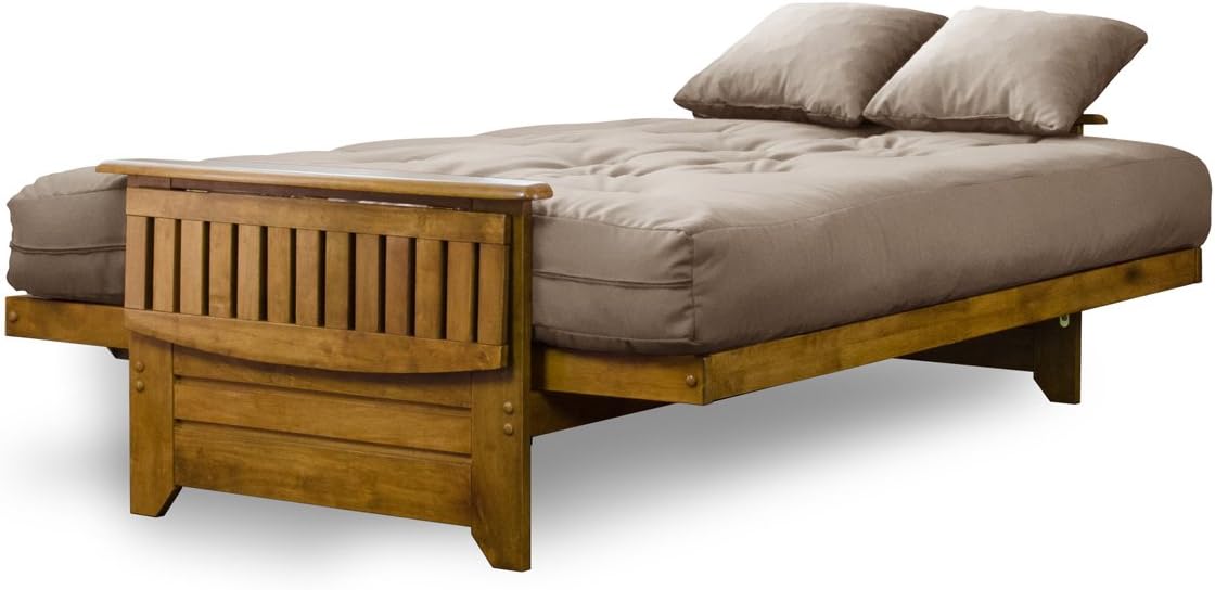 Nirvana Futons Brentwood Tray Arm Futon Frame, Drawers, and Microfiber Khaki Mattress Set - Full, Heritage Finish